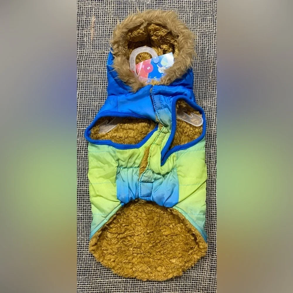 Pet Hooded Jacket Size Small Vibrant Life NEW Blue Yellow Ombré Sherpa Lining